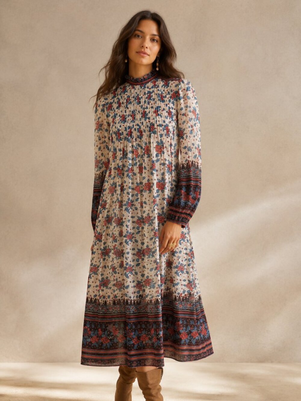 Ulla Johnson Silk Floral Pleated Boho Midi Dress Size 0 Long Sleeve